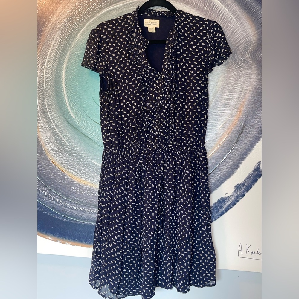 Ralph Lauren Navy Blue & White, patterned, slightly ruffled front dress.